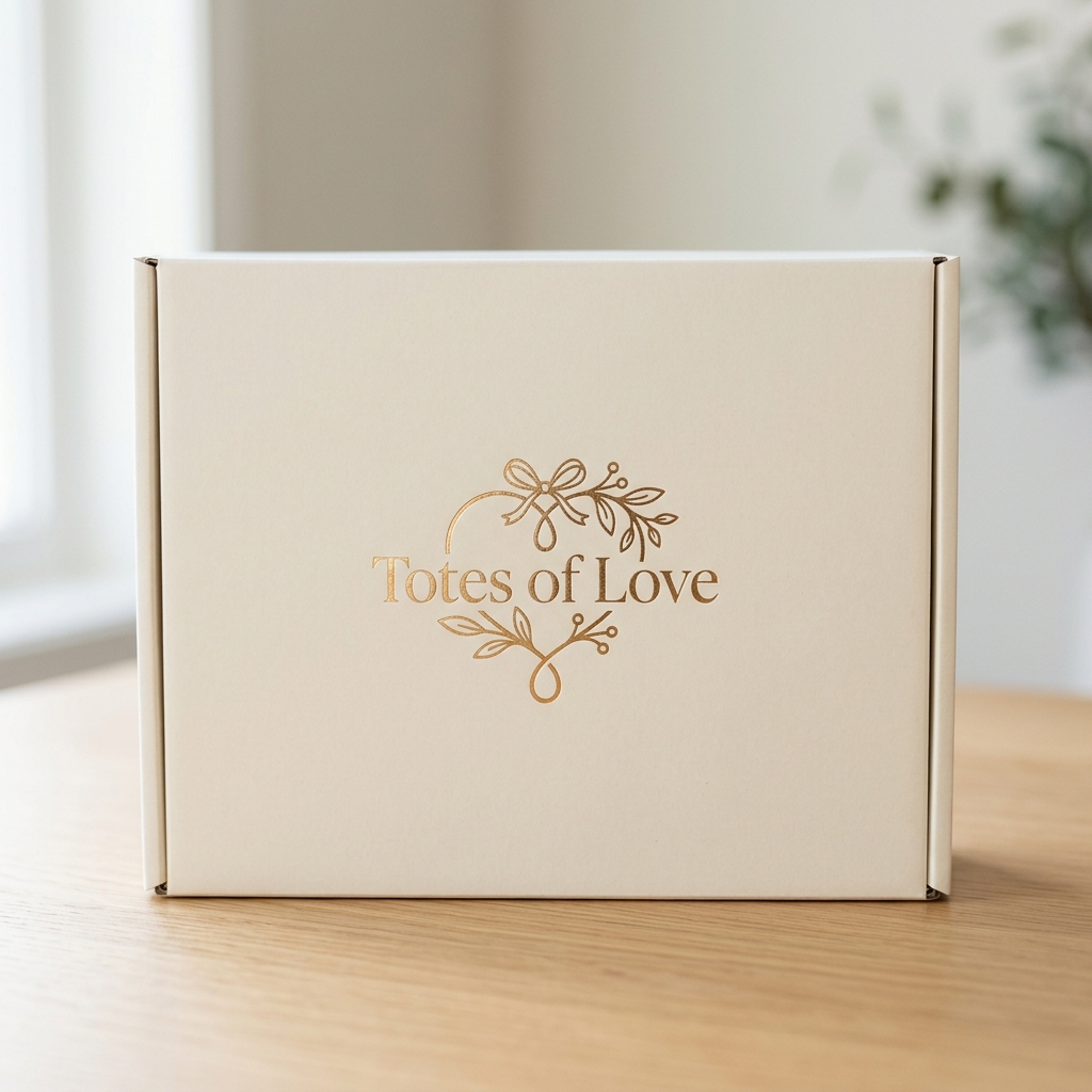 A beautifully designed premium cardboard subscription box sitting closed on a clean surface. The box is matte cream colored with elegant 'Totes of Love' branding in deep rose, and a foil soft gold logo stamp. A terracotta rose ribbon is tied over the box lid with a small printed tag attached.