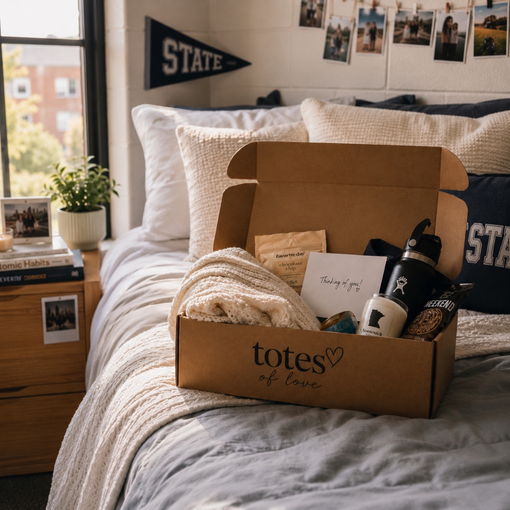 An open cardboard subscription box from Totes of Love sitting on a bed in a dorm room. The box contains a white knit blanket, a water bottle, a candle, snacks, and a 'Thinking of you!' card.