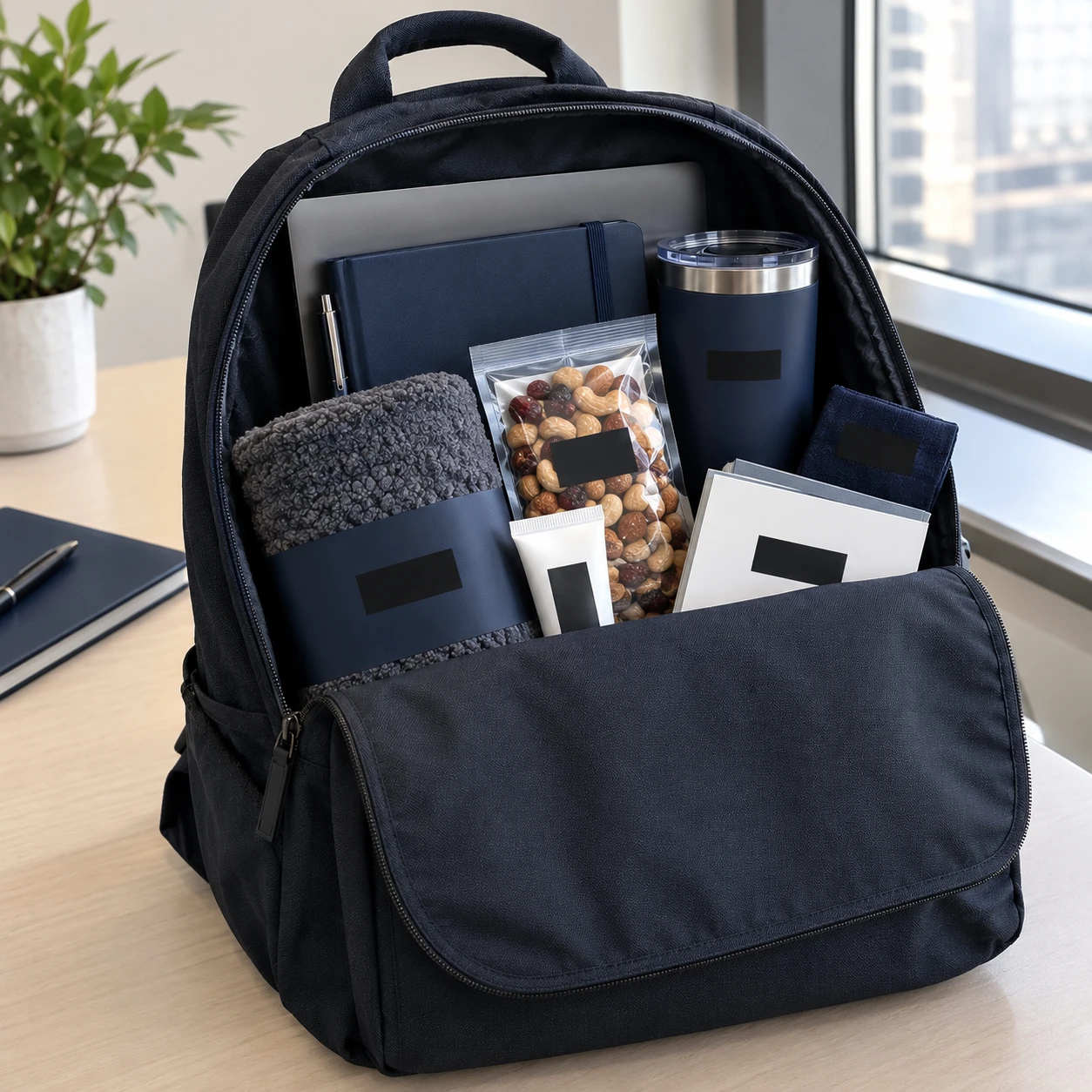 A navy backpack open on a desk, packed with a navy notebook and pen, an insulated tumbler, a charcoal sherpa throw, a bag of mixed nuts, hand cream and a card. Each item carries a blank label where a logo or name would go.