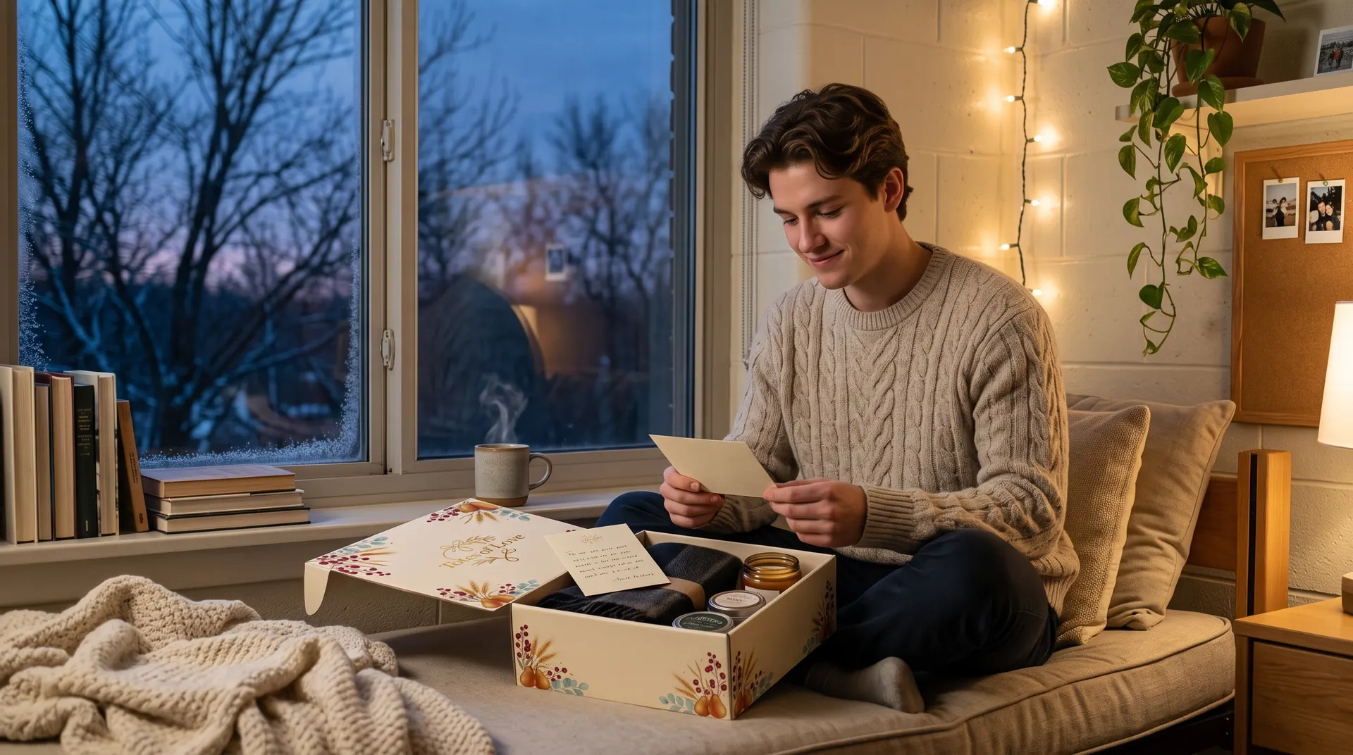 A college student on a dorm window seat at dusk, first frost on the glass, smiling at the note card from his November Totes of Love box.