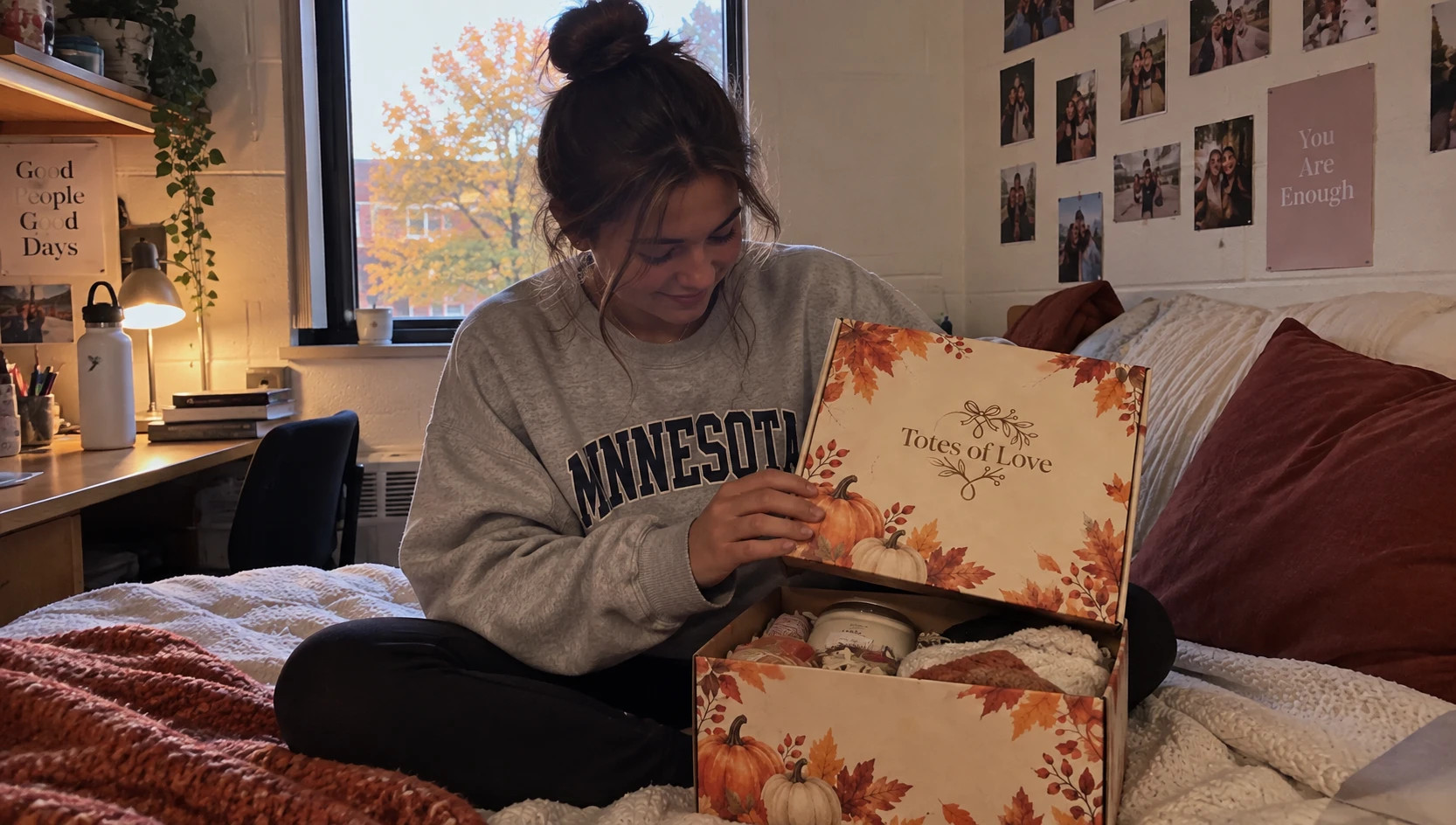 A college student on her dorm bed in October light, opening the Totes of Love October box.